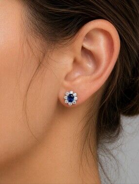 🦋 Blue & White Sapphire Sterling Flower Studs